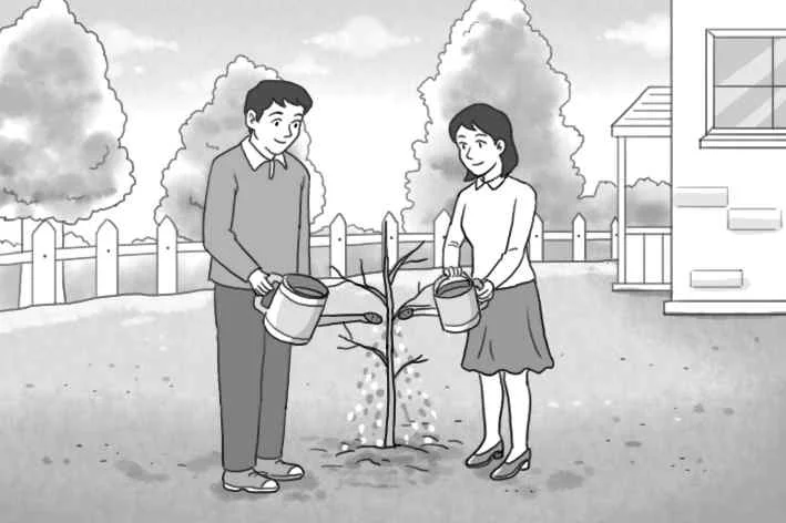 둘이서 나무에 물을 줌