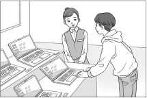 여자가 남자에게 노트북을 설명함