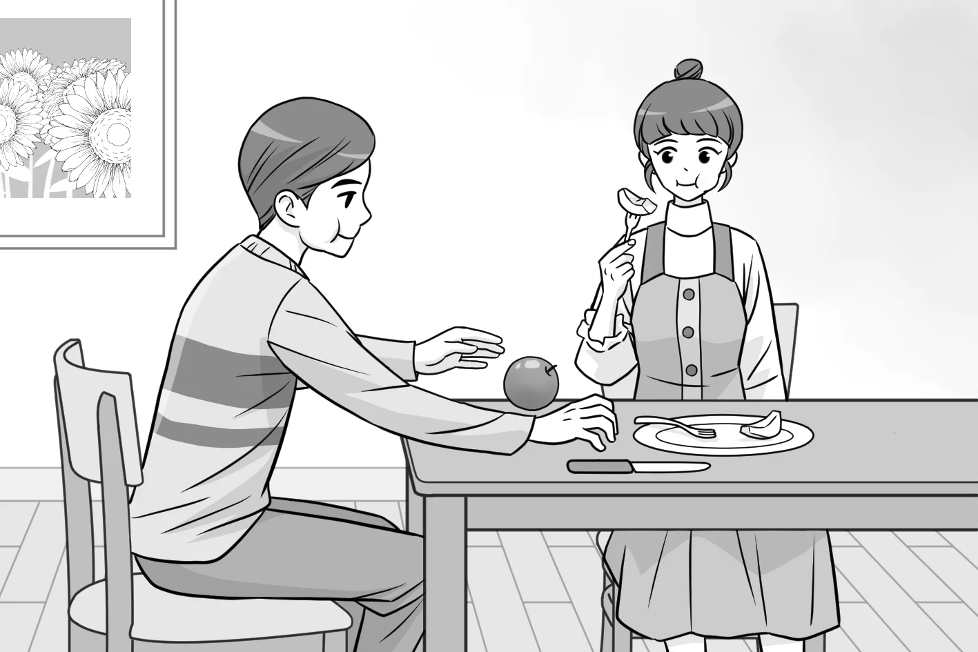 여자가 사과를 먹고있는 장면