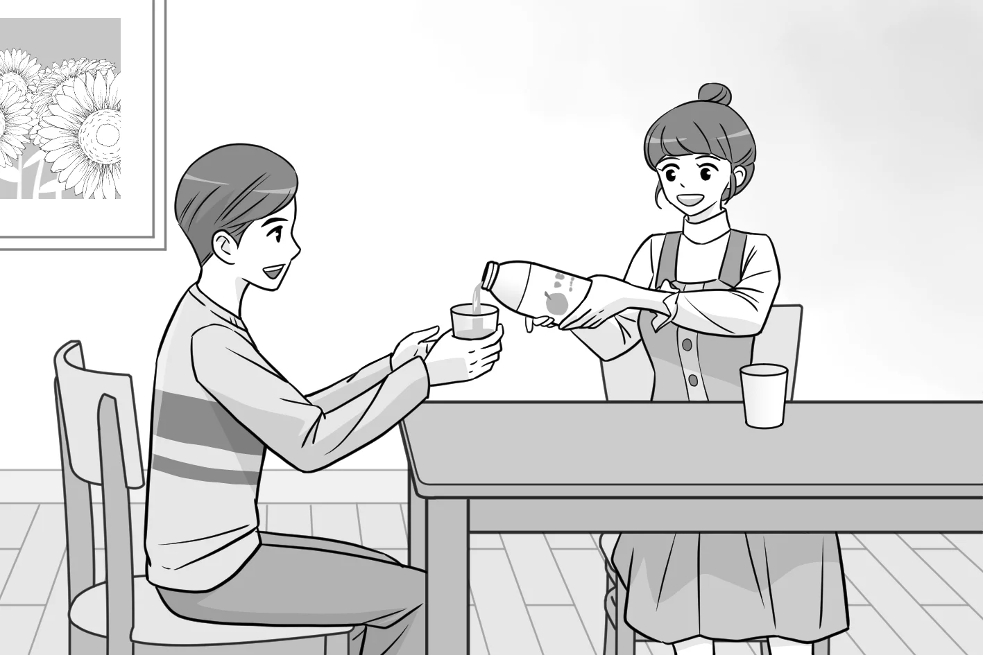 남자에게 음료수를 따르는 장면